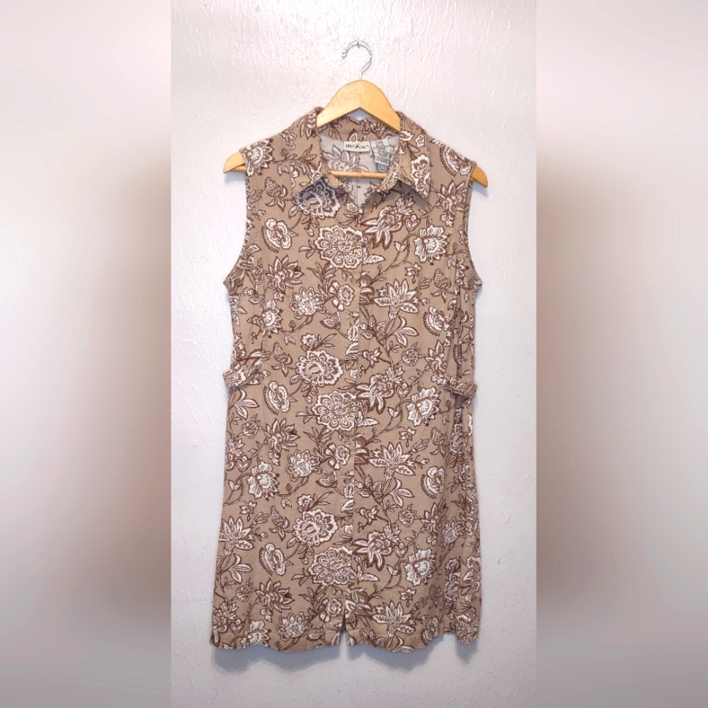 Vintage White Stag Tan Floral Midi Dress Large‎ Women's